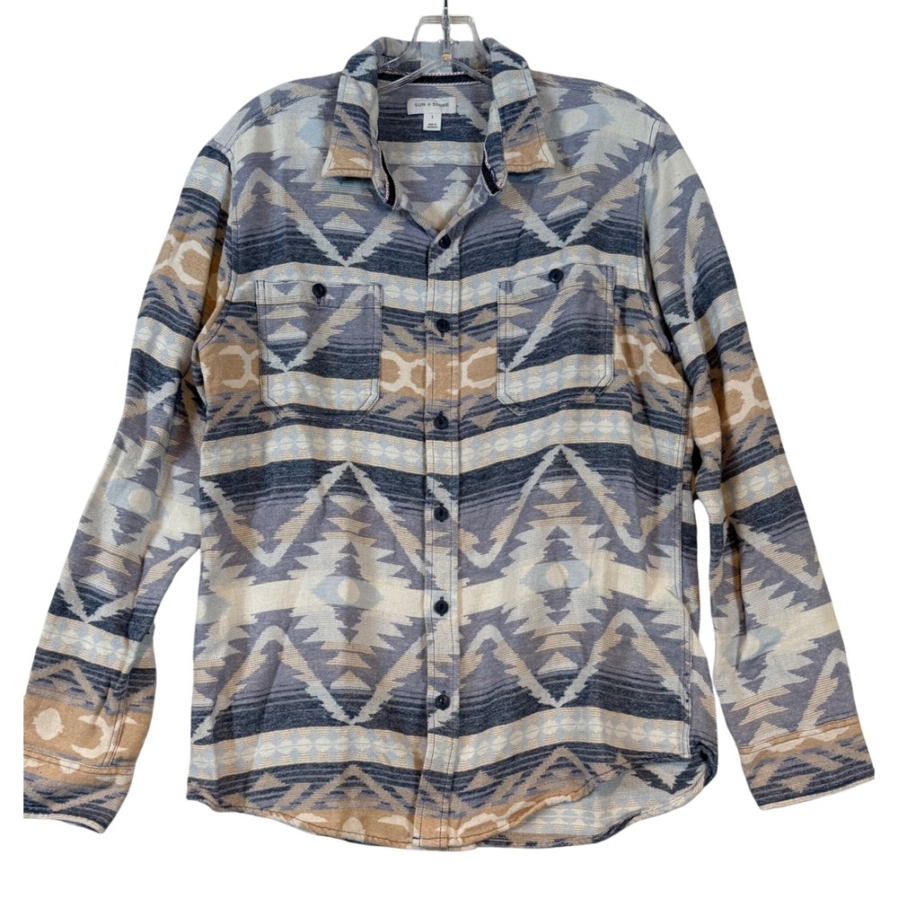 Sun + Stone Mens Blue Tan Geometric Southwestern •L• Aztec Tribal Boho Layering
